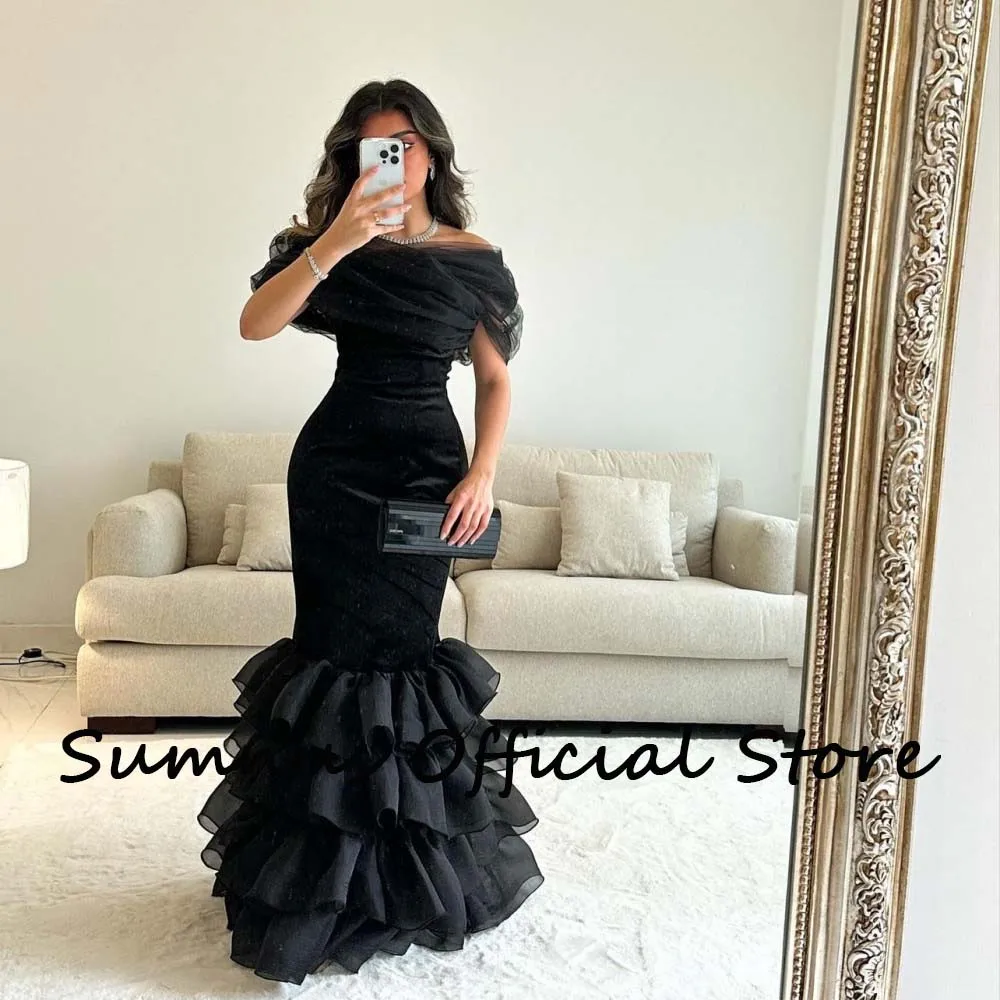 Sumnus Black Mermaid Saudi Arabic Evening Dress Pleats Tiered Tulle Off Shoulder Dubai Prom Party Dress Floor Length Customized