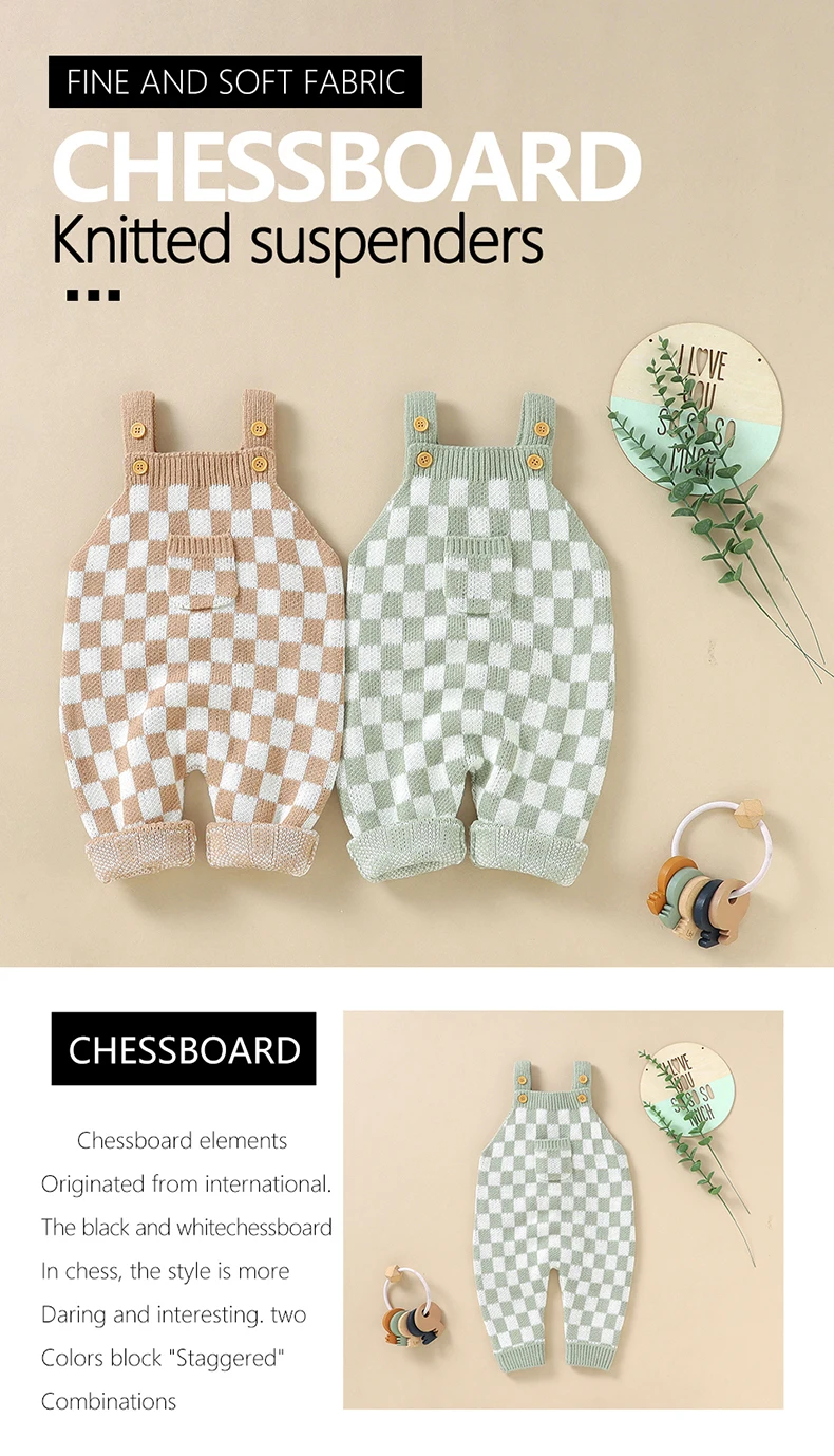 Neugeborenen Baby Strampler Gestrickte Säuglings Jungen Overall Ärmellose Herbst Kleinkind Kind Sling Kleidung Mode Plaid Tasche 0-18M Overalls – Detail 1