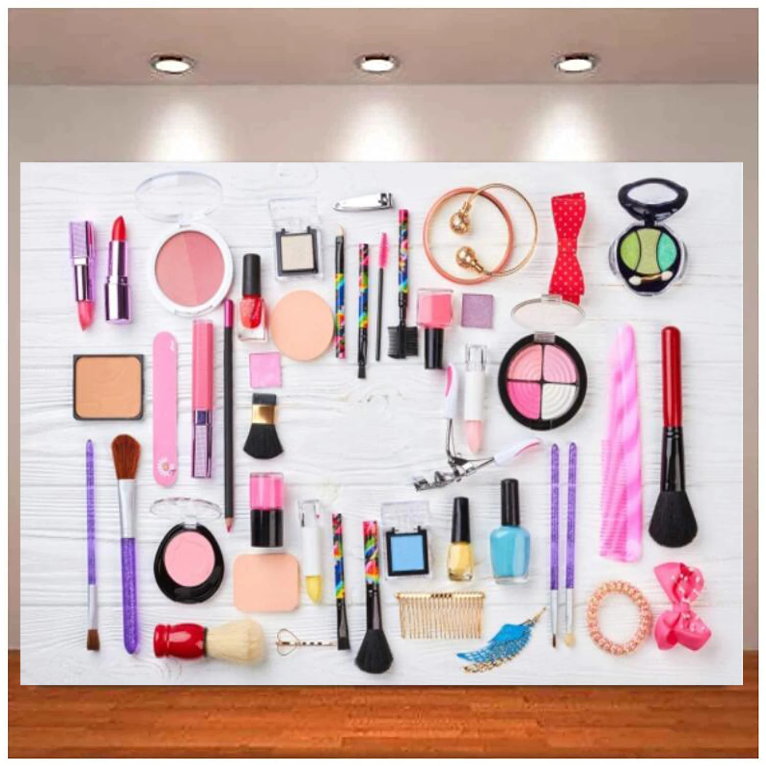 Toile de fond de photographie de produits de maquillage pour dames, rouge à lèvres cosmétique, bracelet de magasin de beauté, décor de cheveux, fond de fête de spa, mode