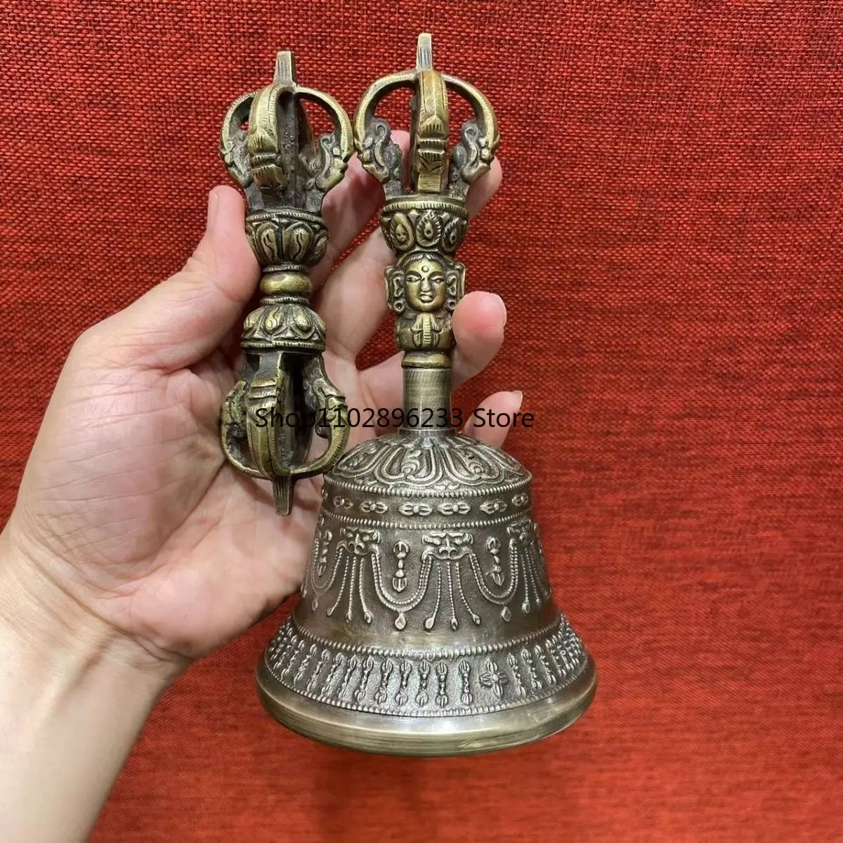 Nepalese pure copper five-strand handmade vajra magic ware tantra bell hand-cranked vajra pestle carved ornament rattle