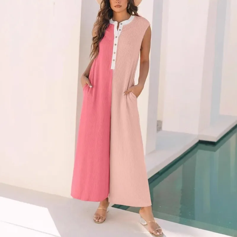 Jumpsuits Women One Piece Sleeveless Button Round Neck Wide Leg Pants Patchwork Rompers Y2k Streetwear Jumpsuit Work Loose 2026