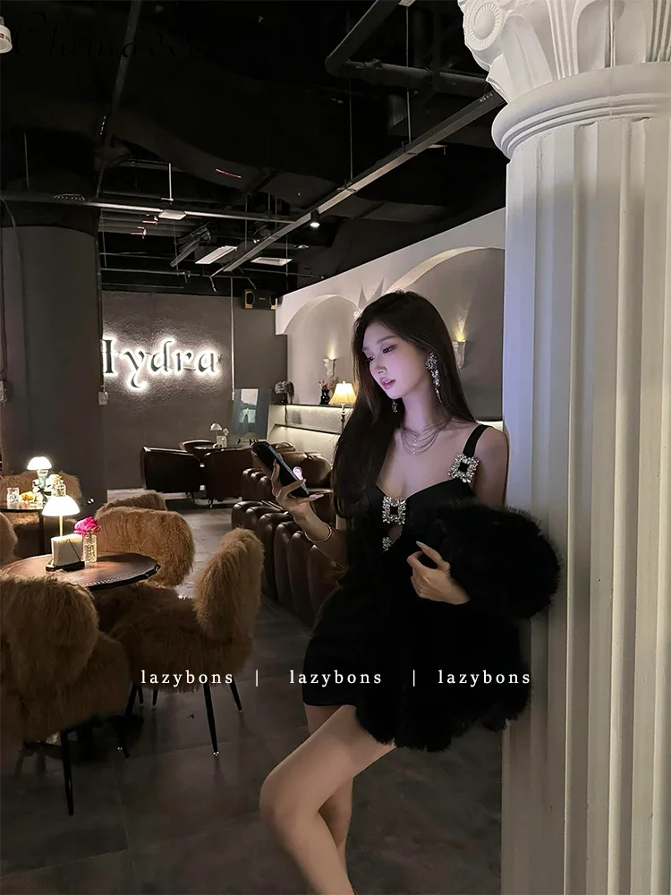 

High-end Sexy Suspender Dress Female Autumn and Winter Fashion Celebrity Elegant Sexy Hollow Heavy Diamond Waist Hip Dresses