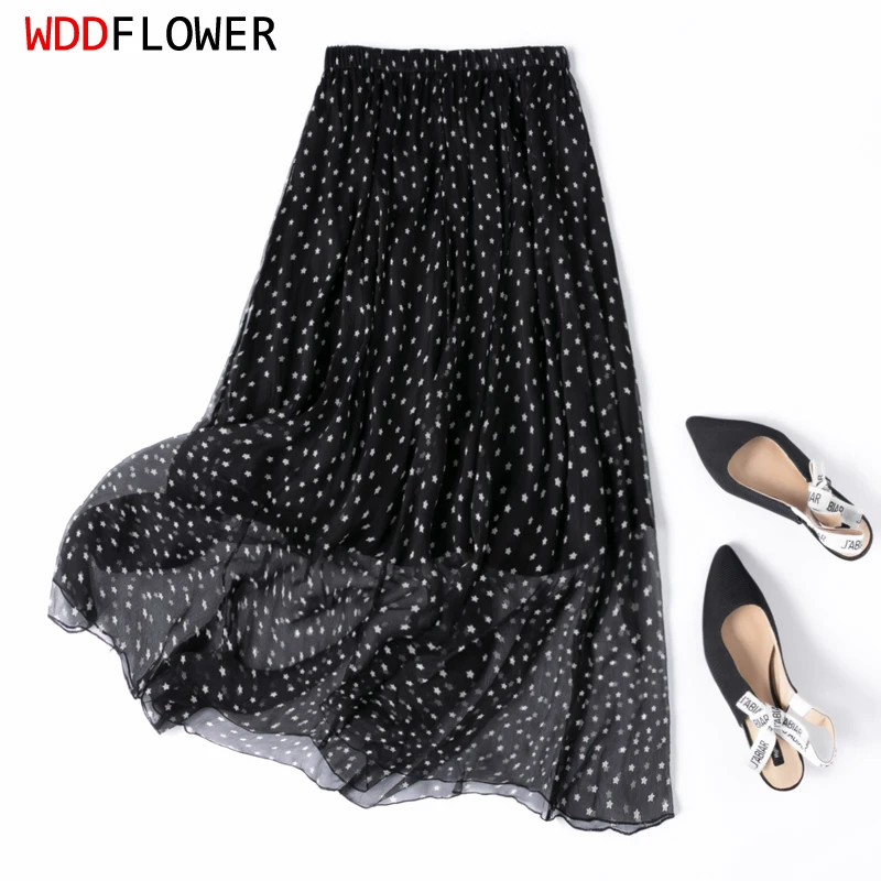 

Women Silk Skirt 100% Mulberry Silk Black Star Printed Long Type Skirt With Lining Summer Beach Big Hem M1083