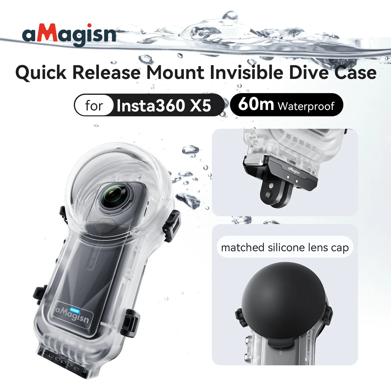 

Водонепроницаемый бокс AMagisn для Insta360 X5 - Невидимый подводный бокс для аксессуаров X5, глубина погружения до 60 м