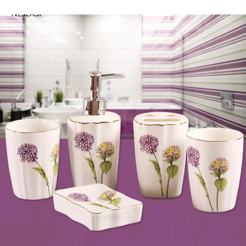 Imagem -04 - Lavender Série Home Bathroom Grupo Acessórios Cerâmicos Suporte Escova de Dentes Loção Garrafa Saboneteira Banho Boca Cup Pcs