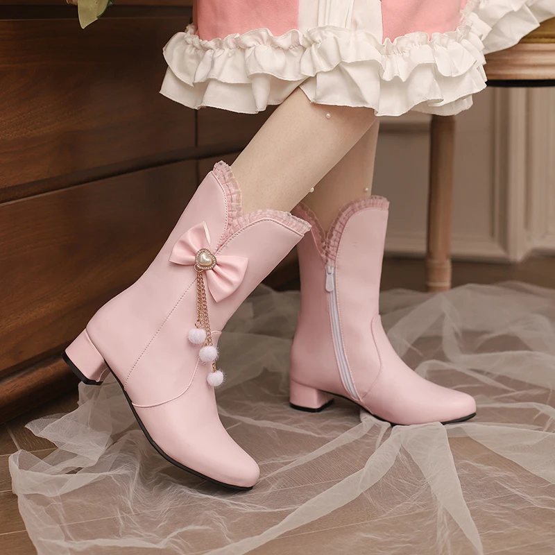 Cute Lolita Princess Boots for Women, Round-Toe Block Heel with Heart Bow and Chain, Lace Trim Cosplay Mid-Calf Boots Size 31-43