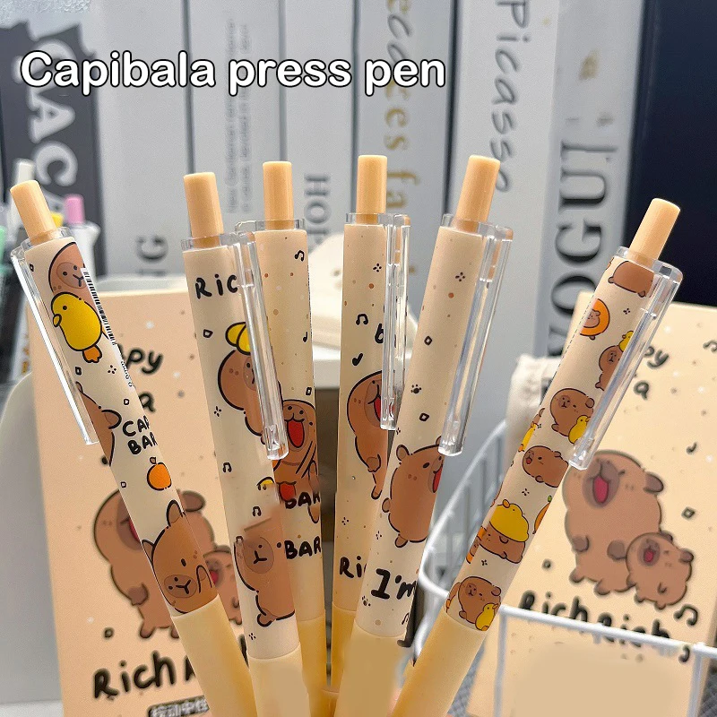 Capybara-Stylo gel kawaii mignon, séchage rapide, écriture lisse, dessin animé, pressage, fournitures scolaires, papeterie, 6 pièces