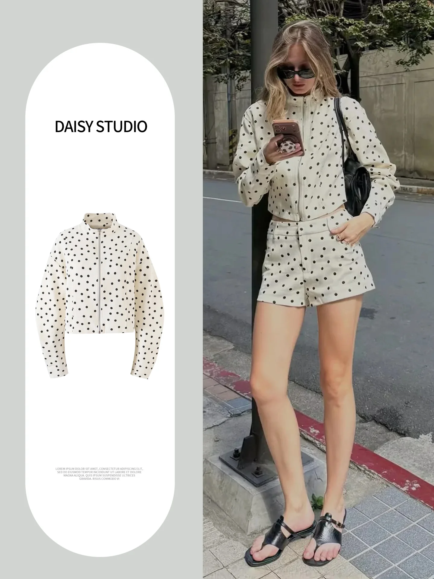 Fall New Arrival Women's Commuter Style Small Stand Collar Long Sleeve Zipper Polka Dot Print Short Jacket Coat