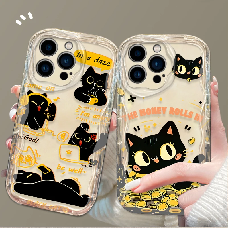 Cute Doodle Angry Black Cat Case For iPhone 16 15 14 13 12 11 Pro Max X XR XS 8 7 Plus SE 2020 Shockproof 3D Wave Silicone Cover