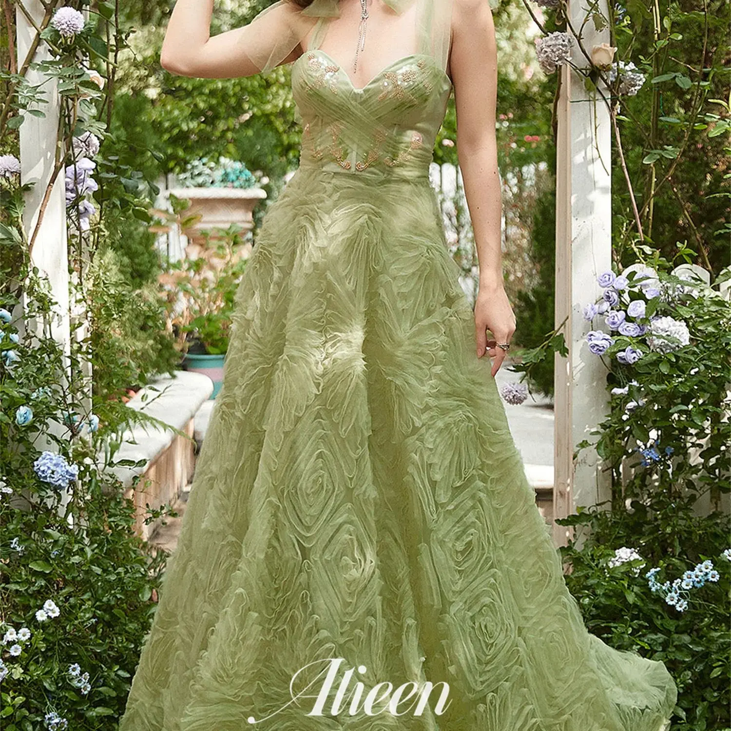 

Aileen Sweetheart Green Three-dimensional Wedding Party Dress Luxurious Women's Evening Dresses for Special Occasions Gala Prom