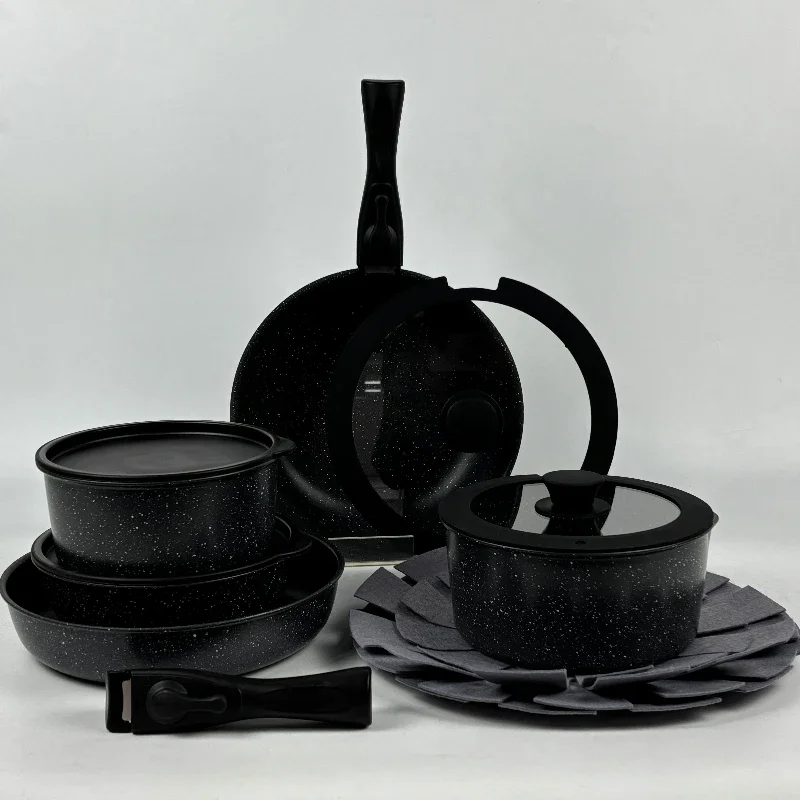 

Modern Design Aluminum Granite Marble Non-Stick Cookware Hot Sale Removable Press Pan Set Multiple Accessories Spoon