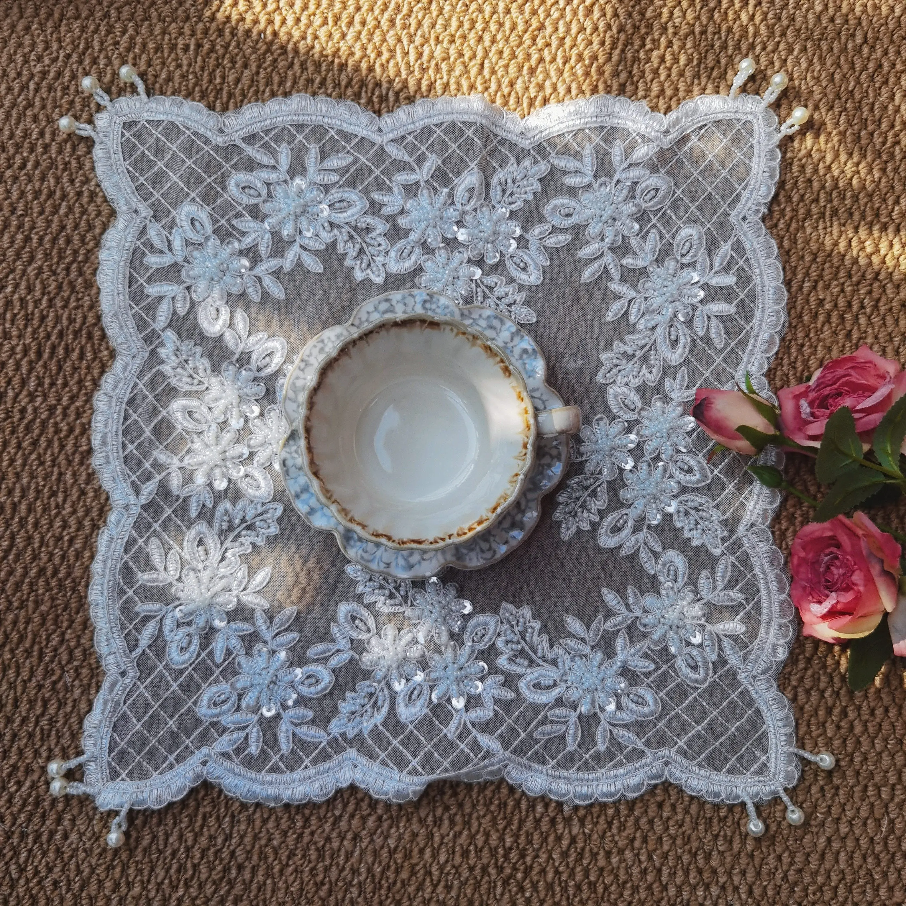 Wedding Lace Placemats Modern Dining Table Pads Embroidered Plate Mat Large Tea Coaster Nightstand Cover Holiday Table Decor