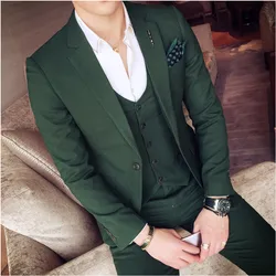 Dark Green Men Suits Slim (Jacket+Pants+Vest) Formal Notch Lapel Single Button Blazer Set Fashion Business Casual Suit 3 Piece