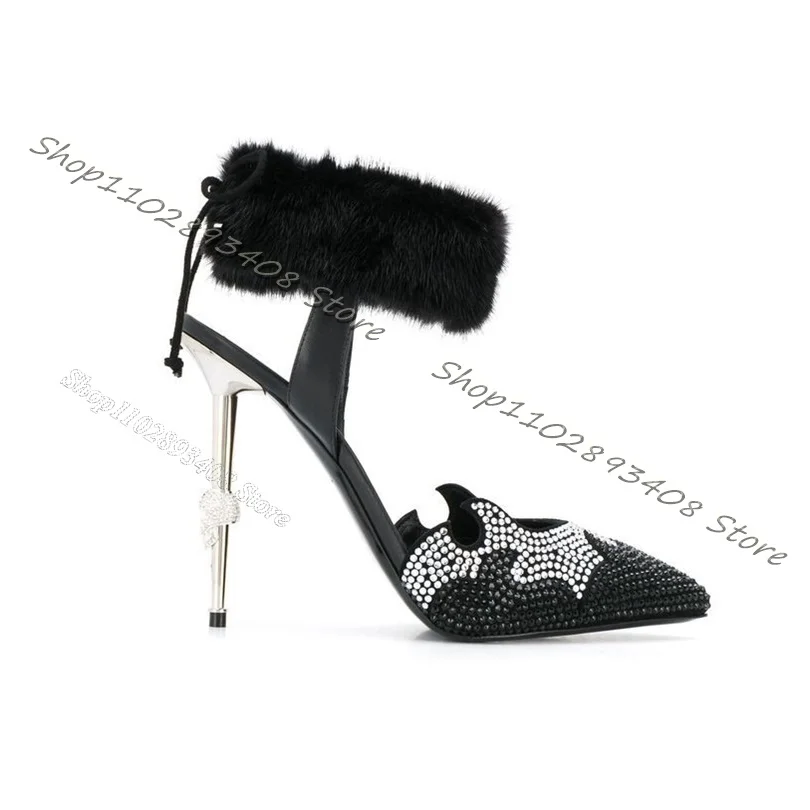 

Slingback Rhinestone Decor Pumps Metal Heels Lace up Fur Decor Women Shoes Elegant Party Shose Dress Shoes Zapatos Para Mujere