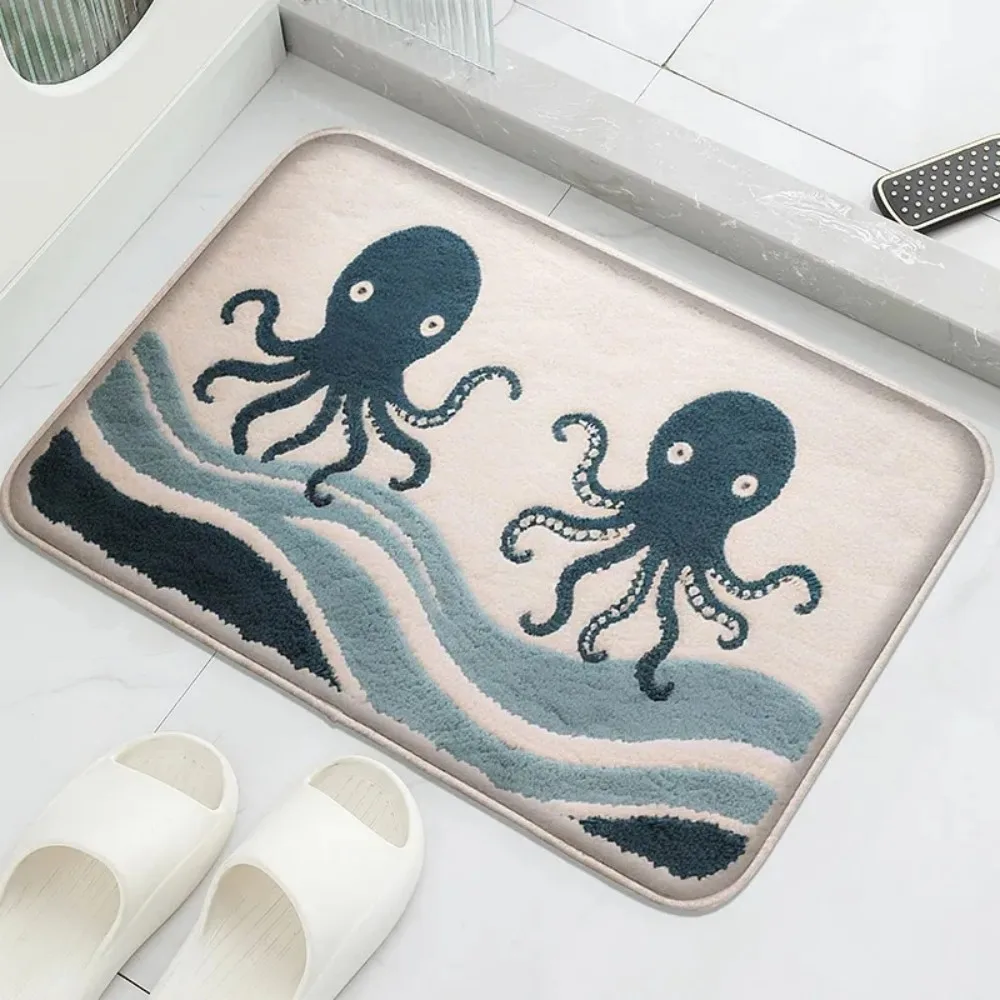 VIKAMA Cartoon Fish Octopus Wave Design Entryway Doormat Durable Stain Resistant Bathroom Mat Absorbent  Non Slip Home Decor