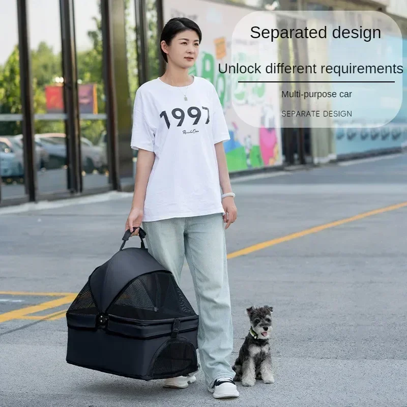 

Small dog cat pet foldable cart, equipped with four-wheel dog travel cart and storage basket