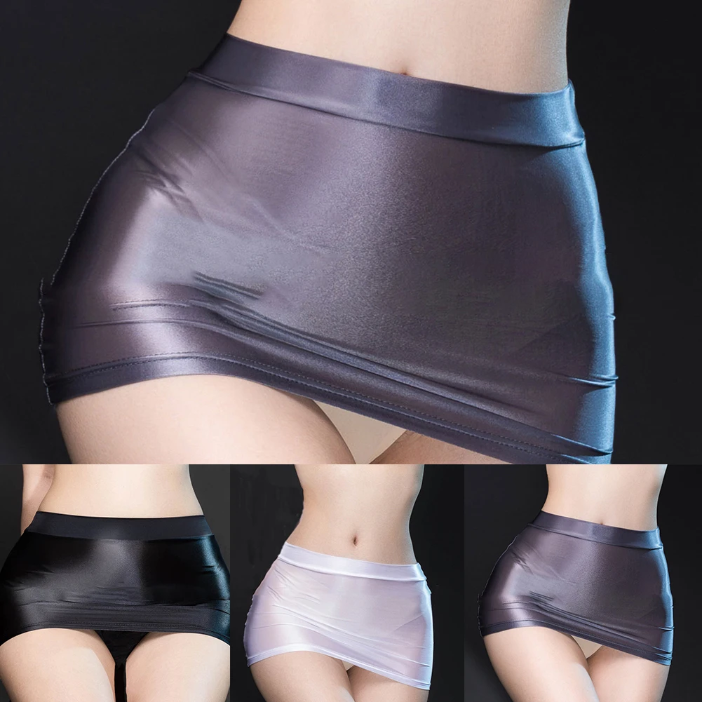 Comfy Hot Stylish แฟชั่นคลับผู้หญิงกระโปรง Clubwear Glossy ต่ําเอวแห้งเร็วดูผ่าน SHEER สีทึบ