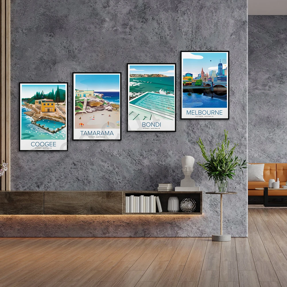 Melbourne City Flinders Station, Bondi Sydney, Coogee Beach, Tamarama Beach, Oriental Bay Wellington New Zealand travel poster - Image 4