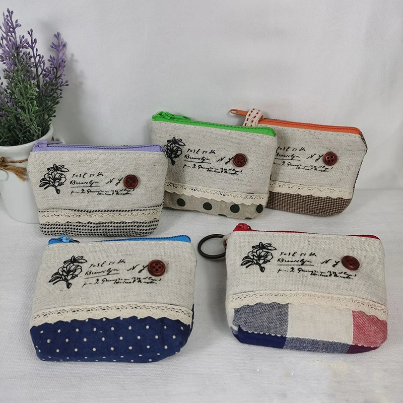 

10pcs Coin Purses Women Cotton Linen Grid Floral Printing Patchwork Lace Short Storage Bag Mix Color