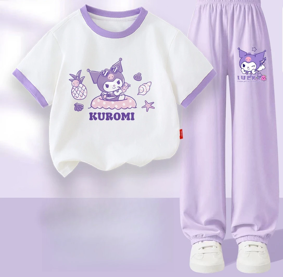 

Kuromi Kids 2PCS My Melody Clothing Set Pure Cotton Short-sleeved T-shirt Children Cartoon Tops Pant Outfit
