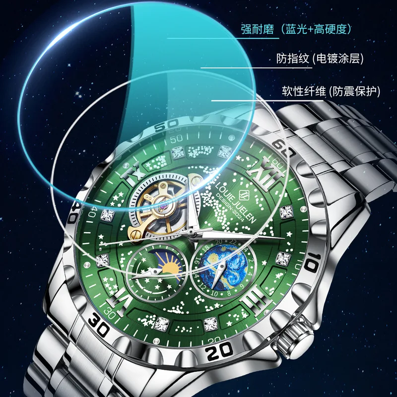 Automatic Mechanical Men's Watch Business Waterproof Luminous Sun Moon Stars Calendar Date Display Stainless Steel Strap