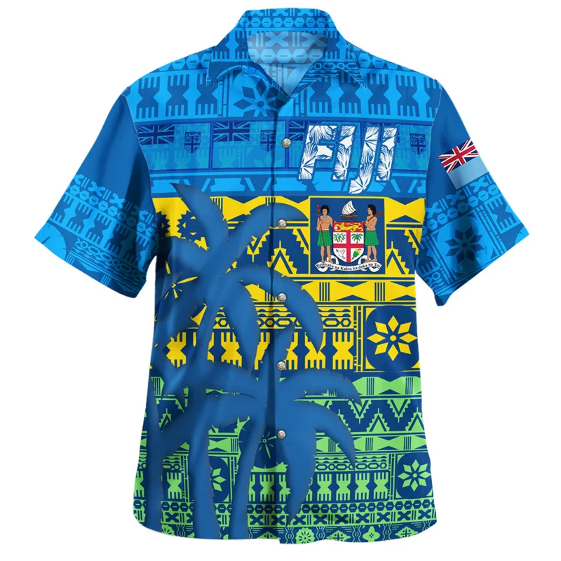 Hawaiian Summer 3D Print BULA FIJI Flag Emblem Shirts Philippines Fiji Coat Of Arm Graphic Short Sleeves Fashion Men Clothes Top