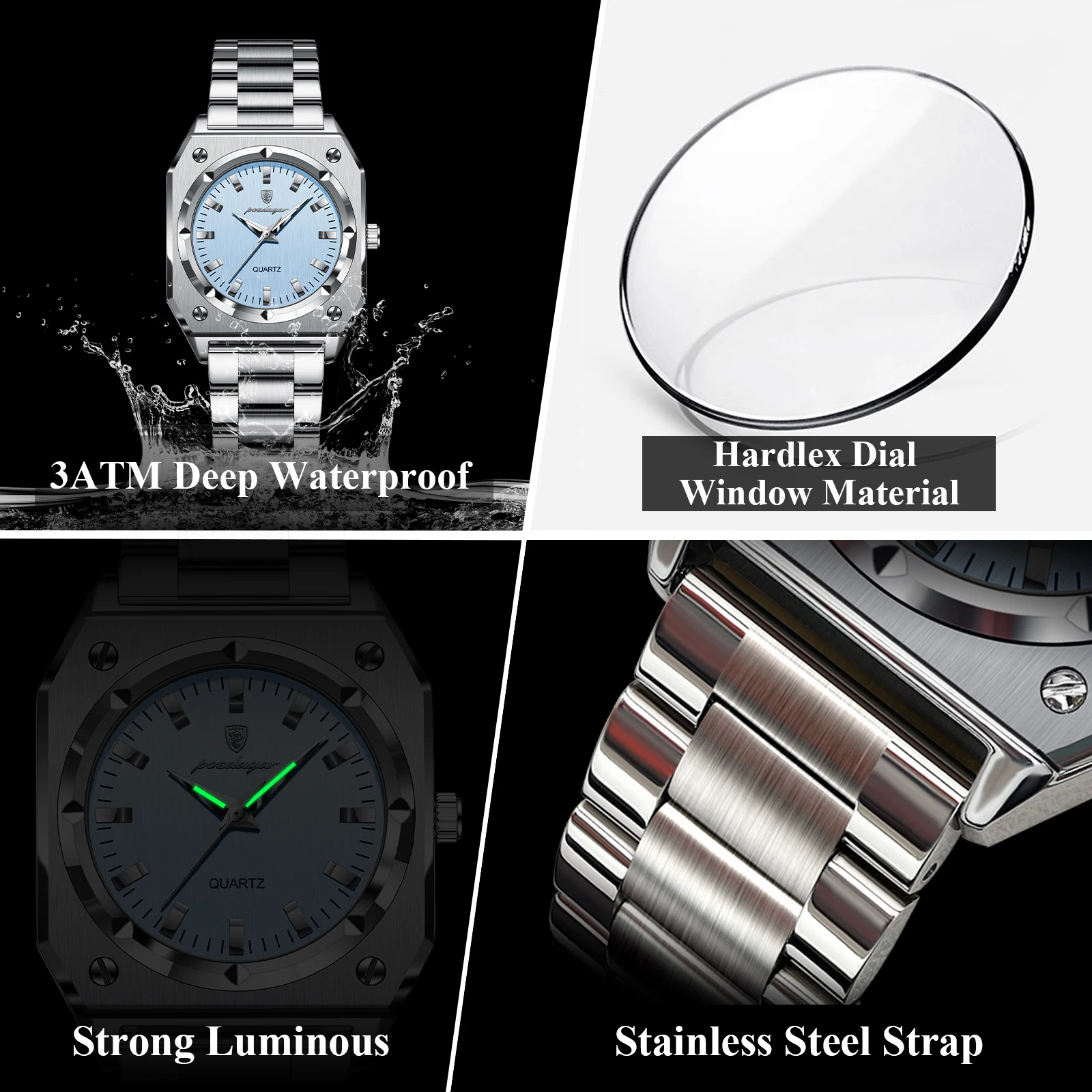 POEDAGAR ساعة نسائية فاخرة مربعة مقاومة للماء من الفولاذ المقاوم للصدأ ساعة نسائية عصرية مضيئة ساعات كوارتز نسائية أنيقة Reloj