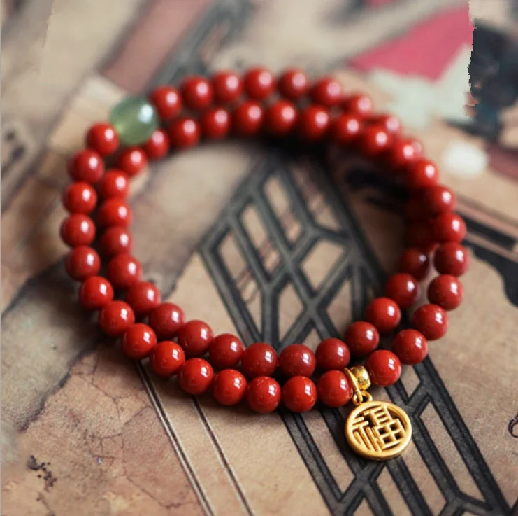 

Natural Cinnabar Bracelet Hetian Jade Round Beads Multi Circle Bracelet Women's Life Year Safe Transfer Rosary Beads