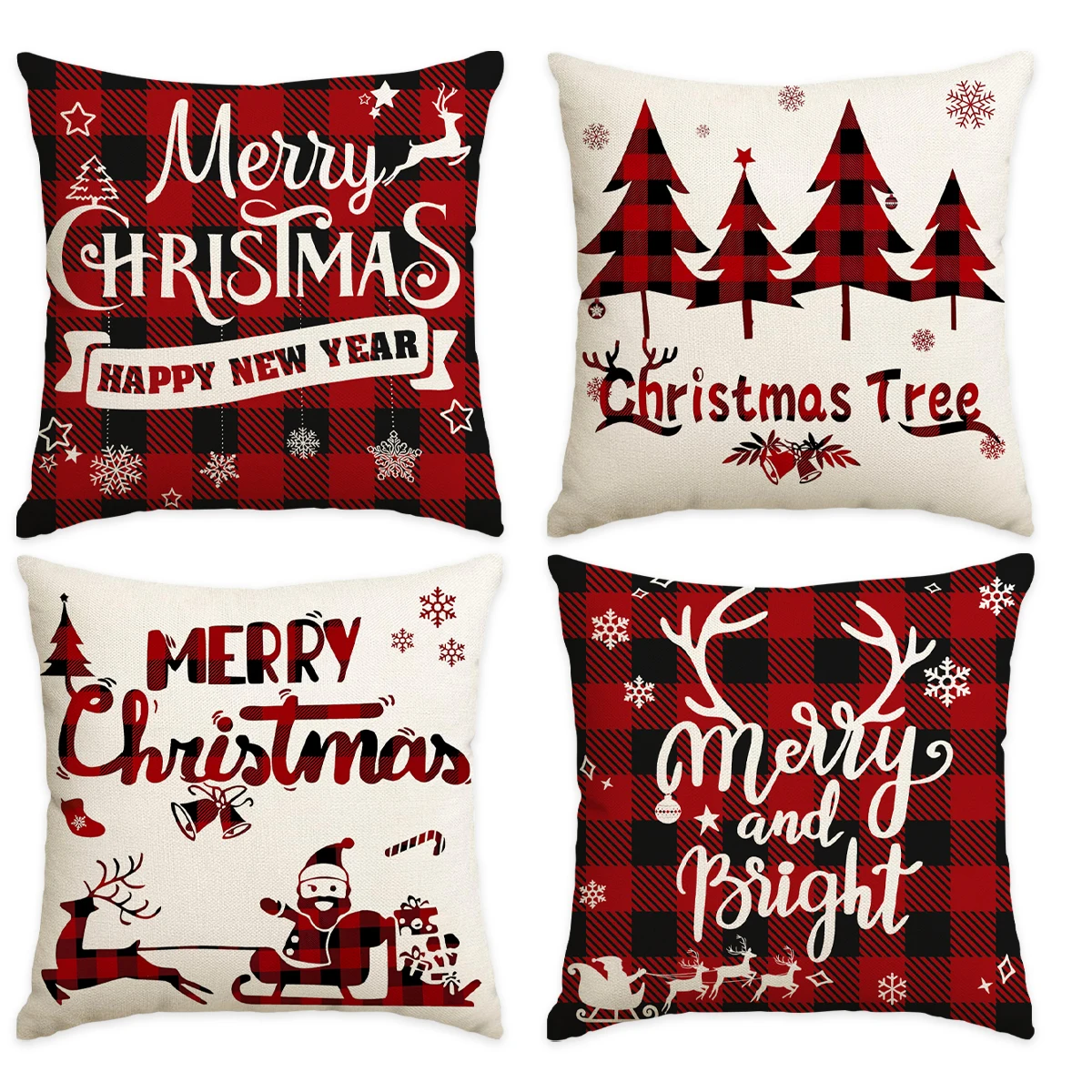 1/4pcs red checkered Christmas pillowcases, Christmas tree Santa Claus reindeer design cushion covers, Christmas decorations