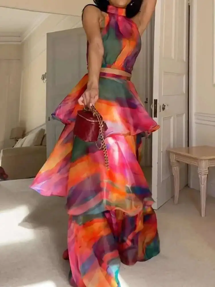 Stand Collar Hollow Out Loungewear Dresses, Women Summer 2025 Sleeveless Fashion Party Dress, Printing Patchwork Ladies Vestidos