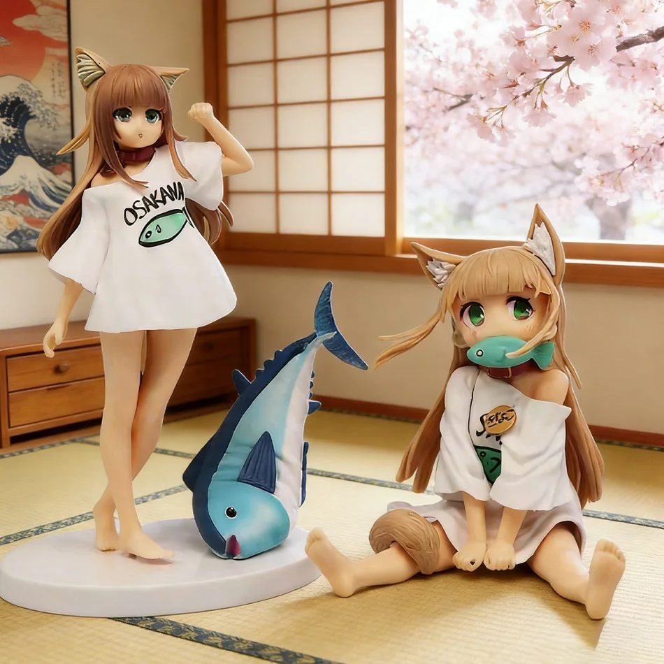 Figura de Anime Kawaii de Chica Gato con Cabeza Dorada de 13-18CM, Sentada Comiendo Pescado, Muñeca Coleccionable de PVC Basada en Sakura Soybean