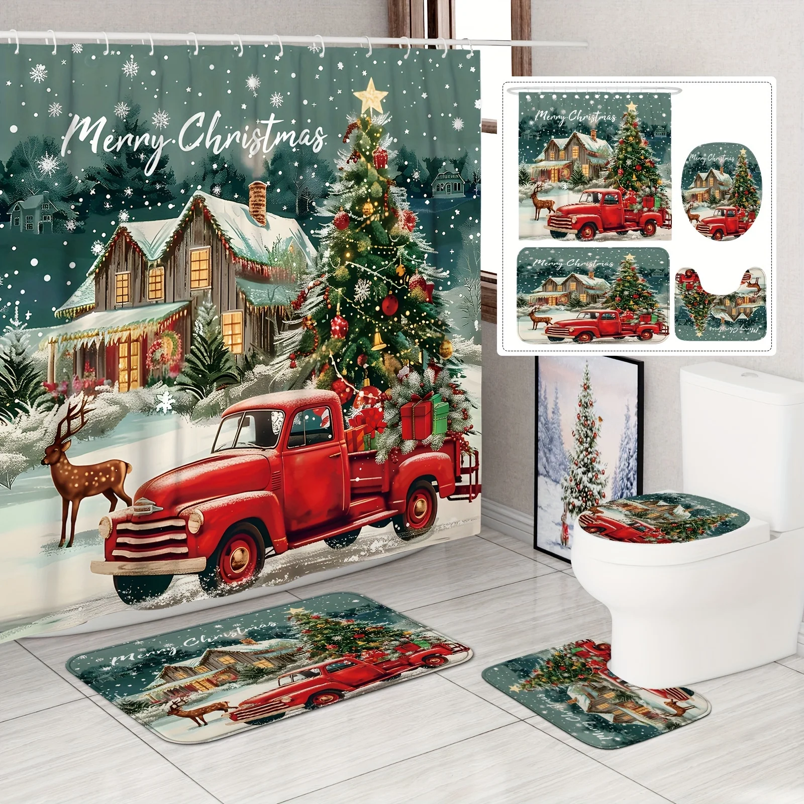 4Pcs Xmas Bath Set, Tree Truck Deer, Farmhouse Red Green, Holiday Shower Decor, 12 Hooks, Non-Slip Mat, U-Shaped Cover