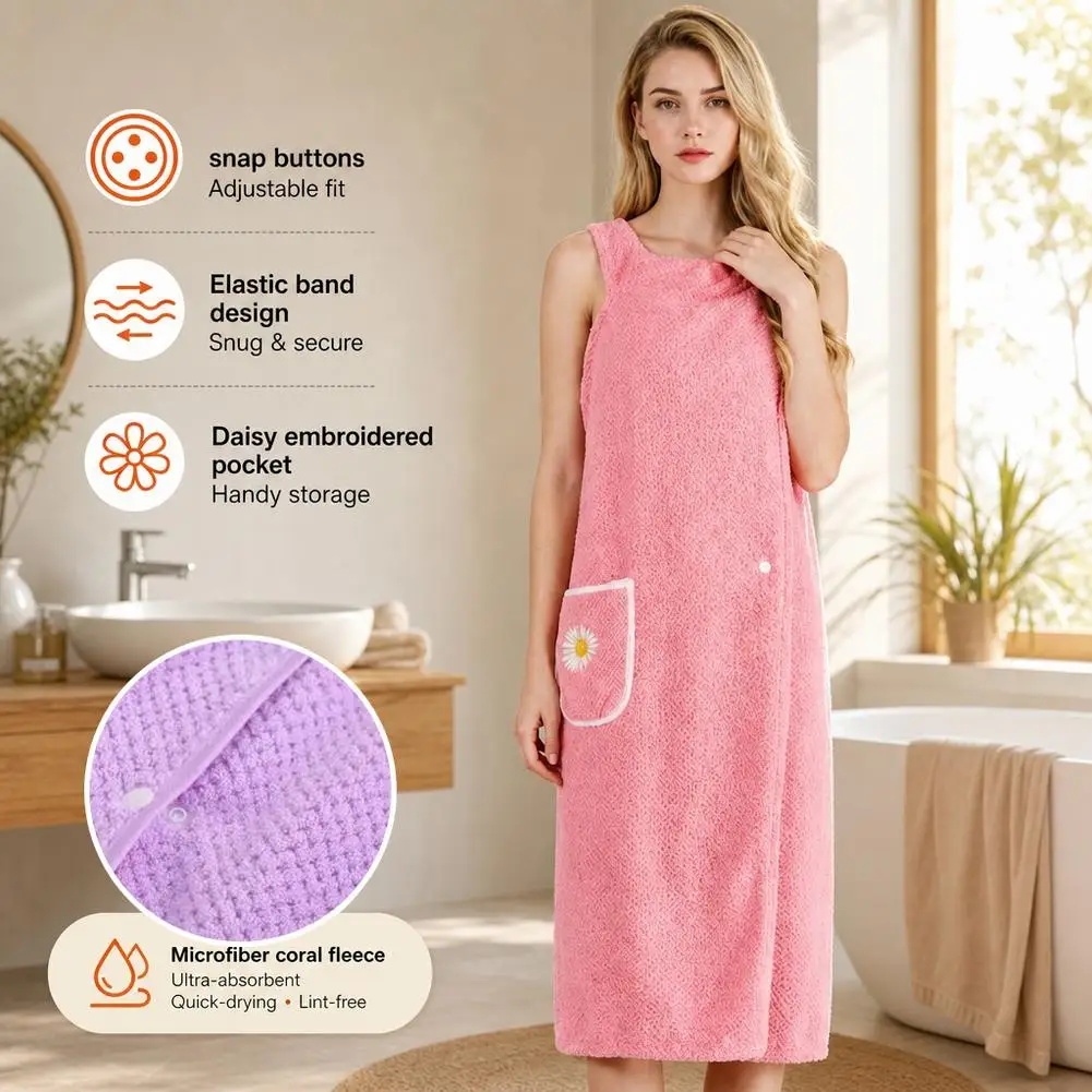1Pc New Wearable Bath Wrap Towel Absorbent Polyester Long Washable Bathroom Breathable Bathrobe For Women
