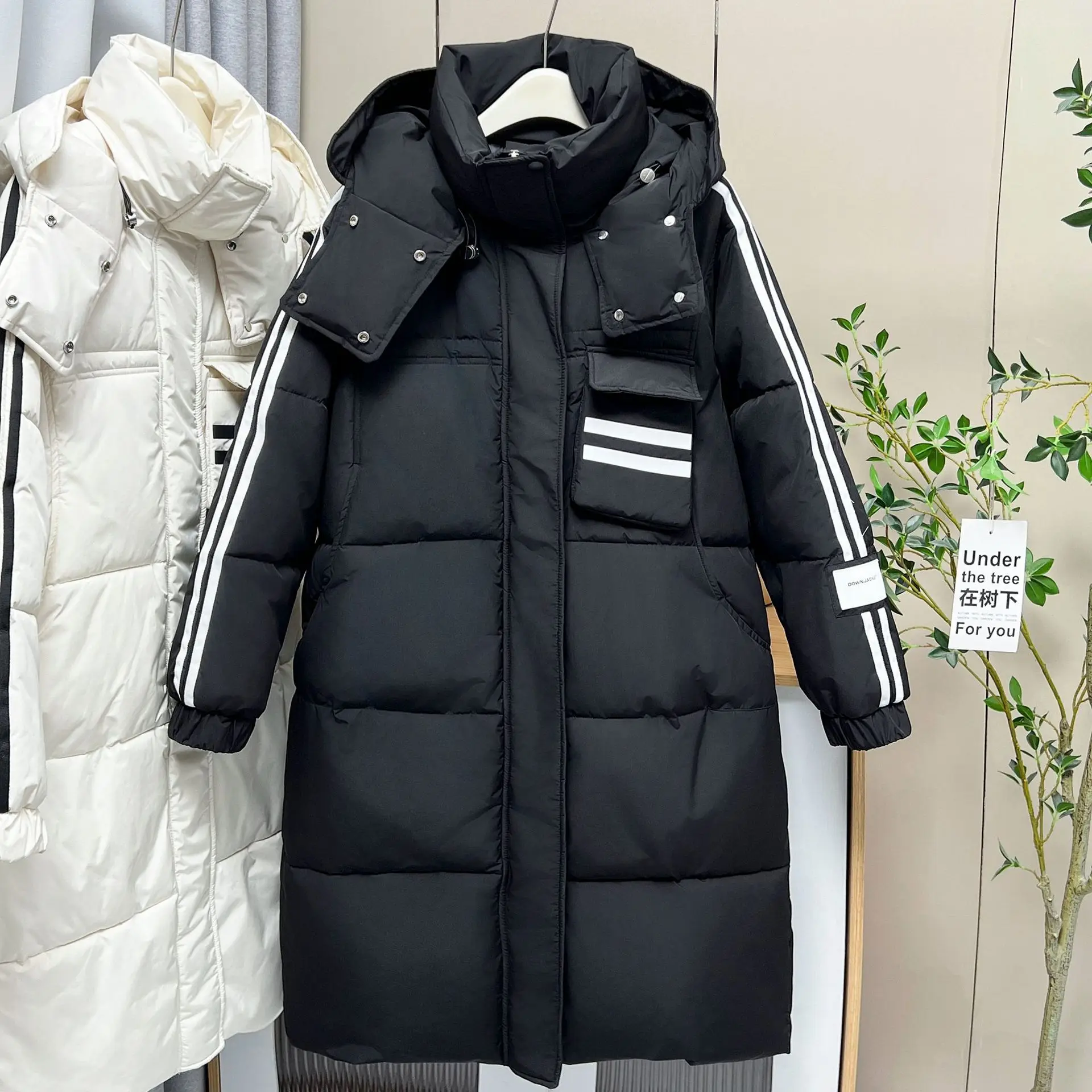 Plus Size Women X-Long Parka Winter New Loose Hooded Preppy Style Fashion Sleeves Two White Stripe Cotton-padded Jacket 8908