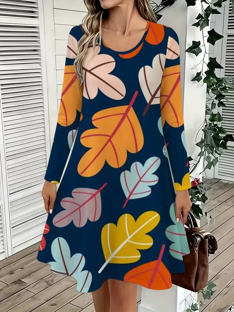 Maple Leaves Print Dress Women 2026 New Vintage 3D Print Dress Fashion Long Sleeve O-Neck Loose Casual A-Line Mini Dress