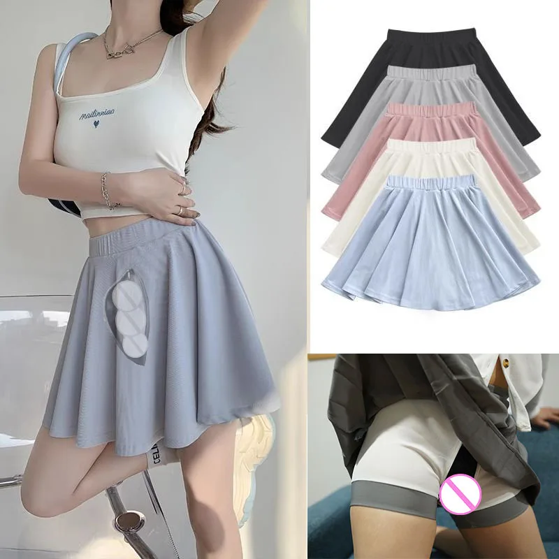 

Ice Silk Pleated Skirt Women Summer Thin Invisible Open Crotch Outdoor Sex Pants Mini Skirts Women Tennis Yoga Jogger Sexy Skort