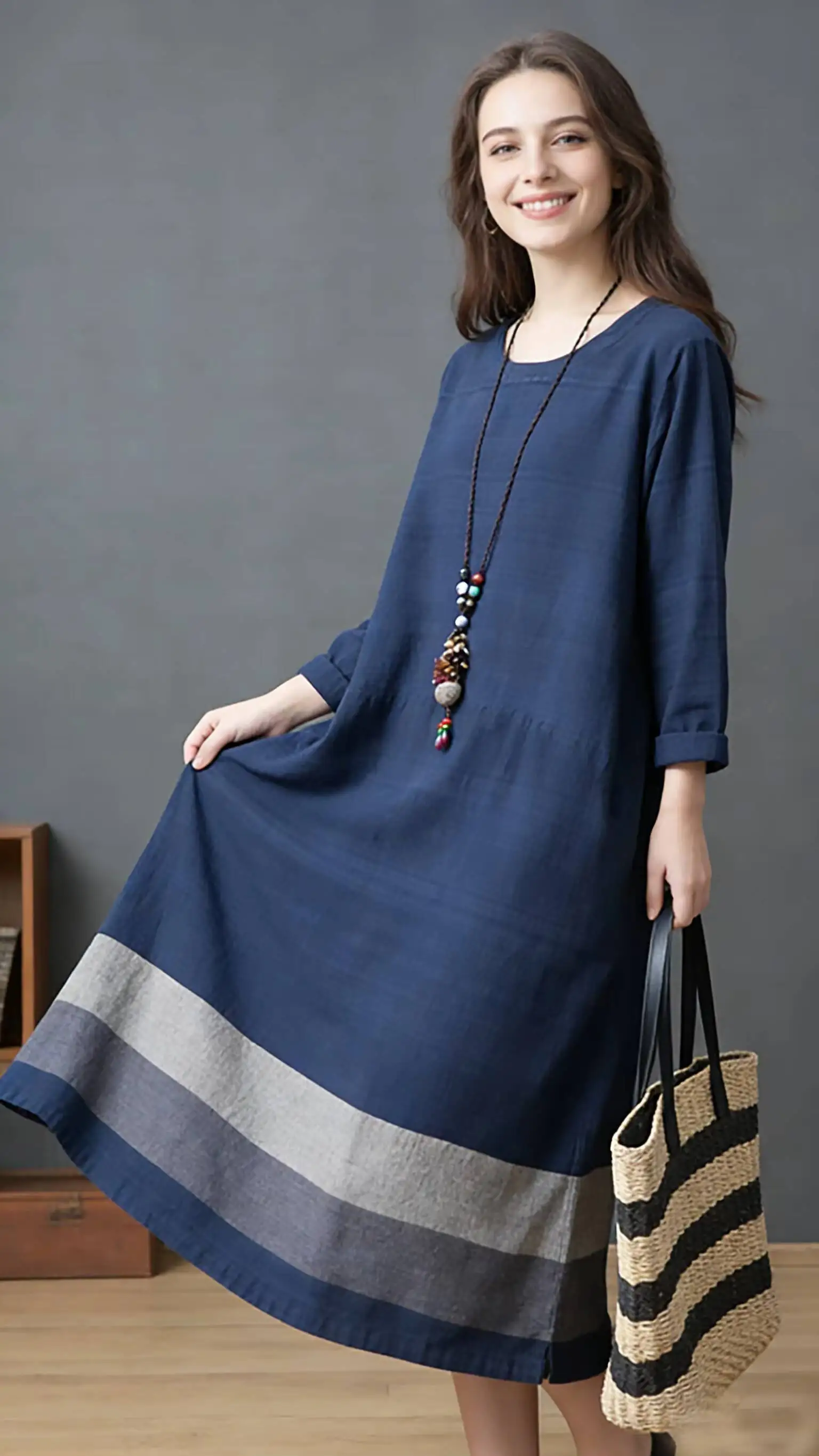 Women 3/4Slv RndNeck Navy ColorBlock SidePkt TieredLooseMx Dress Boho Casual SprSum Chic Vacay BeachDly Breath Dress
