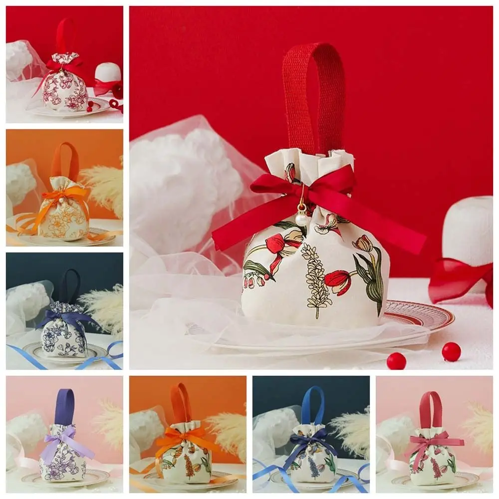 Satin Ribbon Bow Canvas Floral Drawstring Bag Large Capacity Pearl Pendant Bow Flower Wrist Bag Korean Style Jewerly Packing Bag