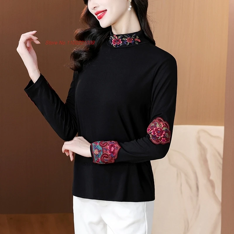 

2025 chinese woman folk t-shirt traditional flower embroidery shirt vintage hanfu tops ethnic streetwear stand collar base shirt