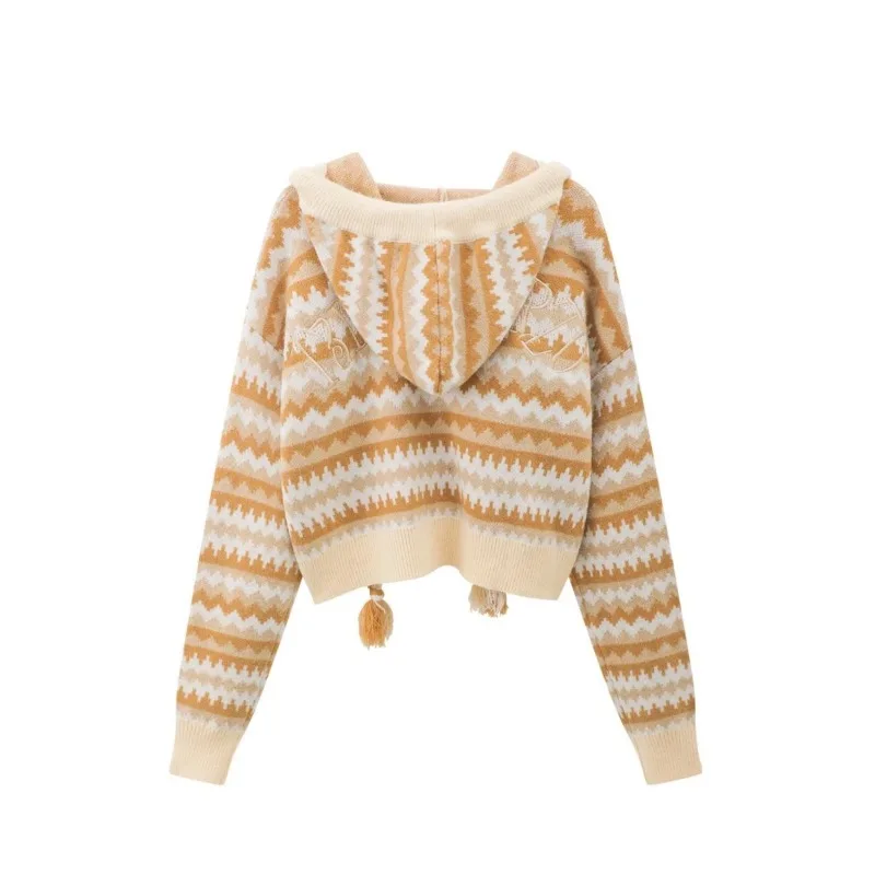 Women's Loose Retro Hooded Short Sweater Jacket, Fashionable Brown Card Retro 3D Teddy Bear Knitted Cardigan