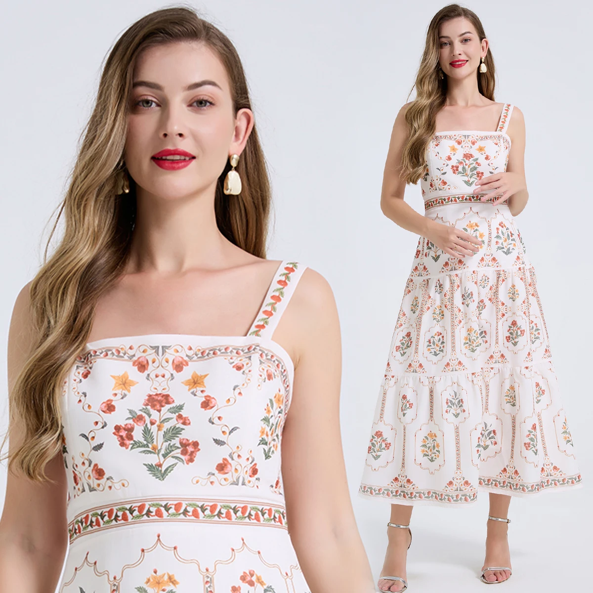 Iridesse Summer New, Positioning Printed, Sling Dress, High-waist, Slim A-line, Trendy Ladies Dress
