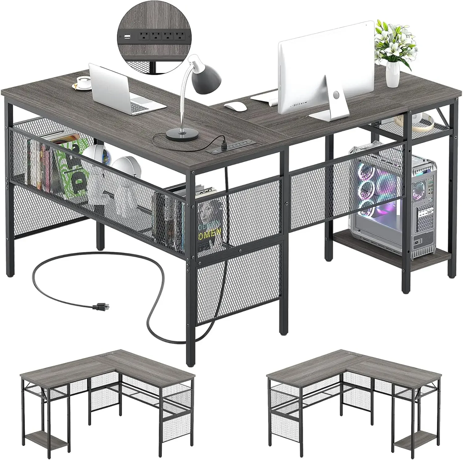 

Unikito L Shaped Desk, Reversible Corner Computer Desks with Power Outlet and USB Charging Port, L- Shaped Office Desk