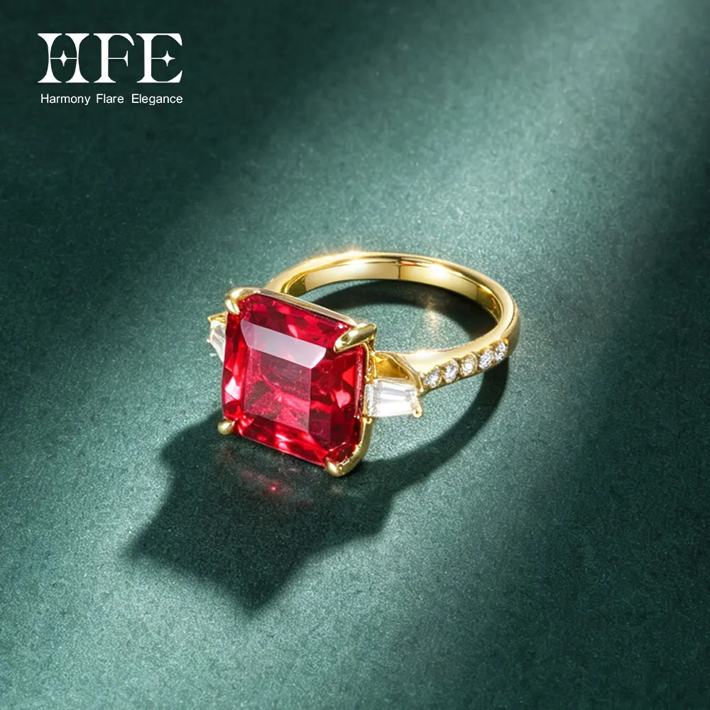 HFE12*12mm Asscher Cut Square Simulated Ruby Ring 925 Silver Lab Moissanite Rings for Women Wedding Party Lady Jewelry Gift