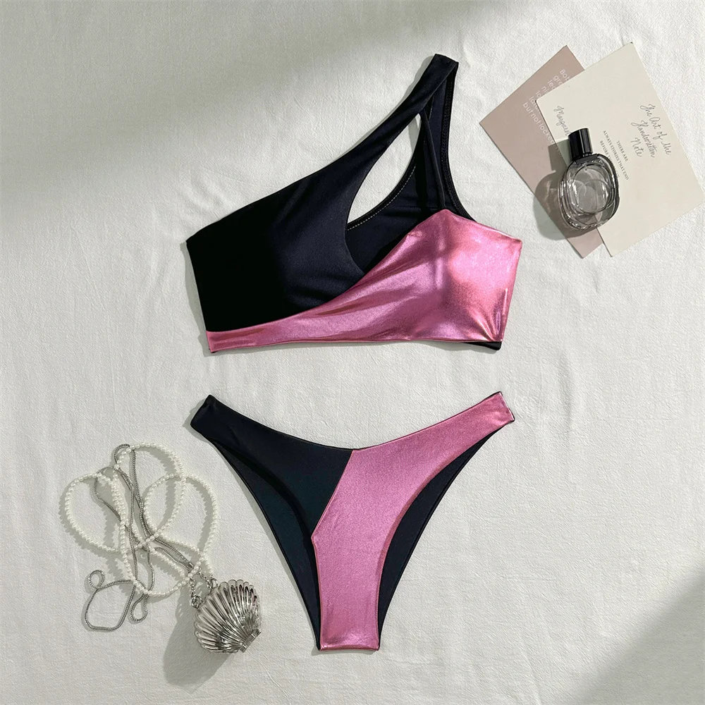 Sexy noir épissure rose Bikini une épaule évider Tankini maillot de bain femmes Push Up vacances maillots de bain maillot de bain tenue de plage