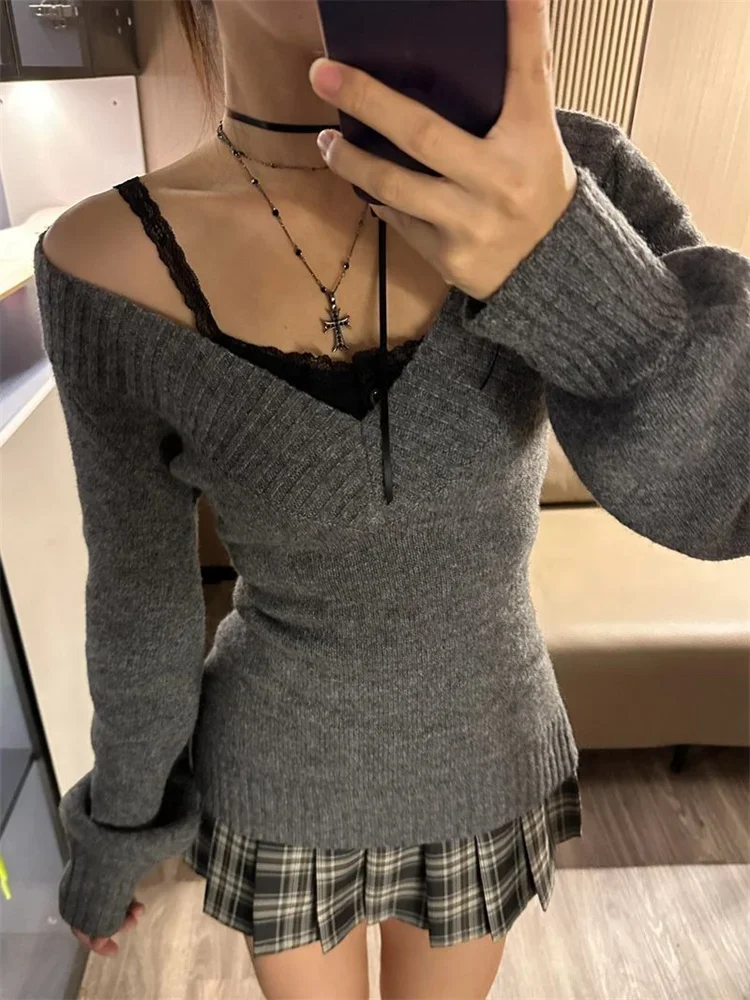 

2025 Autumn Winter Woman French Style Sexy Ladies Vintage V-neck Sweater Gray Knitted Pullover Retro All Match Sweaters
