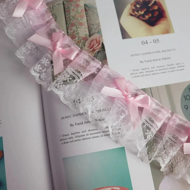 1 Yard weiß rosa zarte Schleife Rüschen Stickerei Spitzenstoffe für Kleidung Geschenk Wohnaccessoire handgemachte Nähbesatz Handwerk – Detail 4