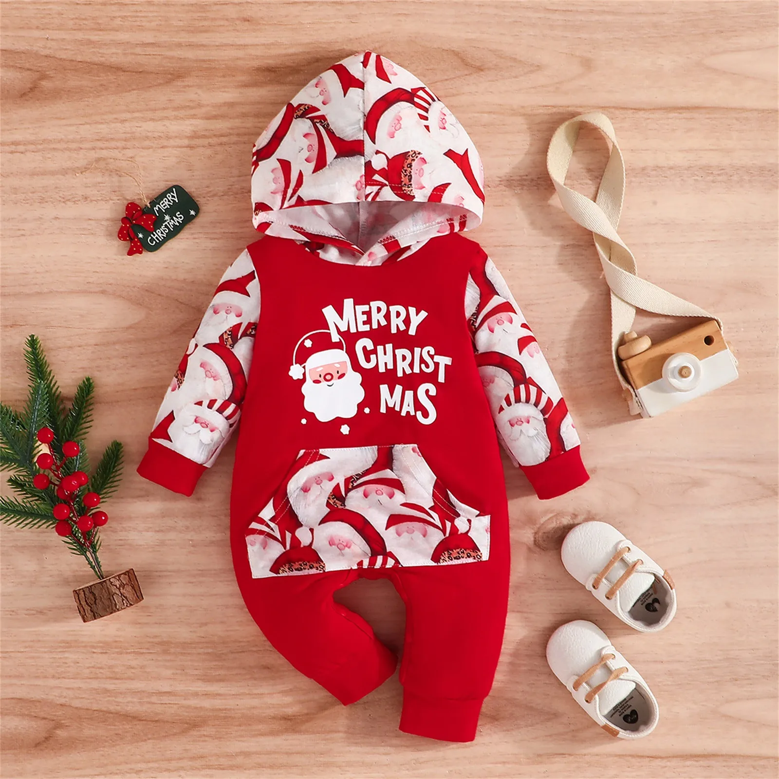 

My First Christmas Baby Boy Girl Romper Xmas Tree Print Hooded Jumpsuit For Newborns My First New Year Baby Christmas Costume