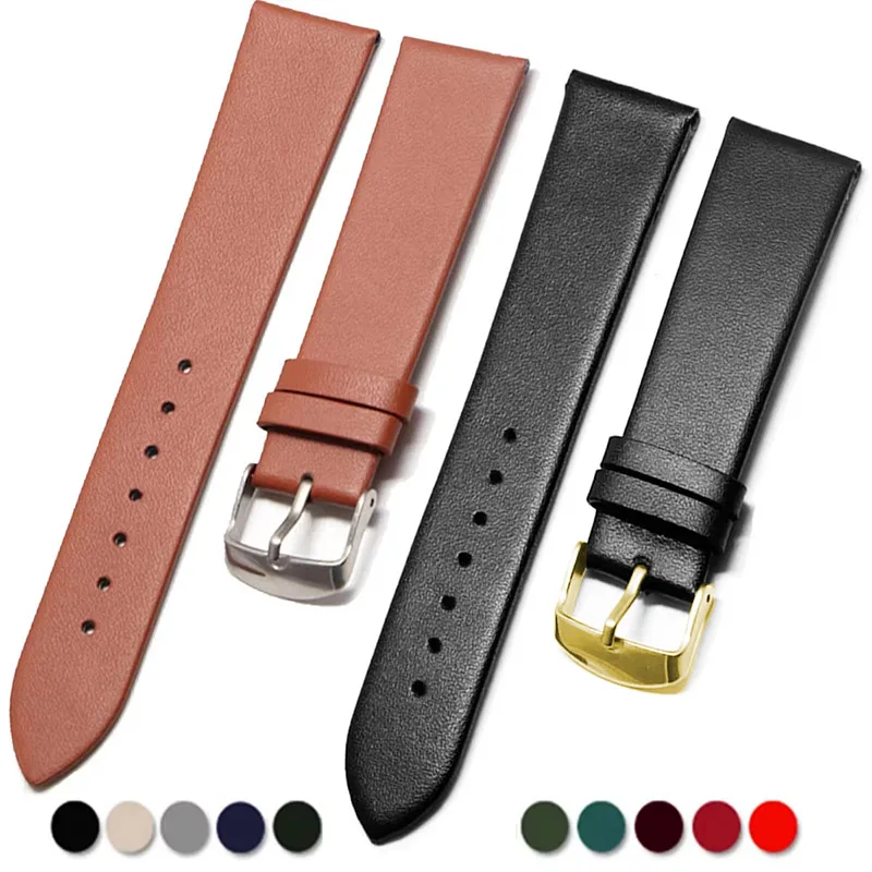 Calf Leather Watch Strap 12mm 14mm 16mm 18mm 20mm 22mm Genuine Leather Watch Band with Silver Pin Buckle