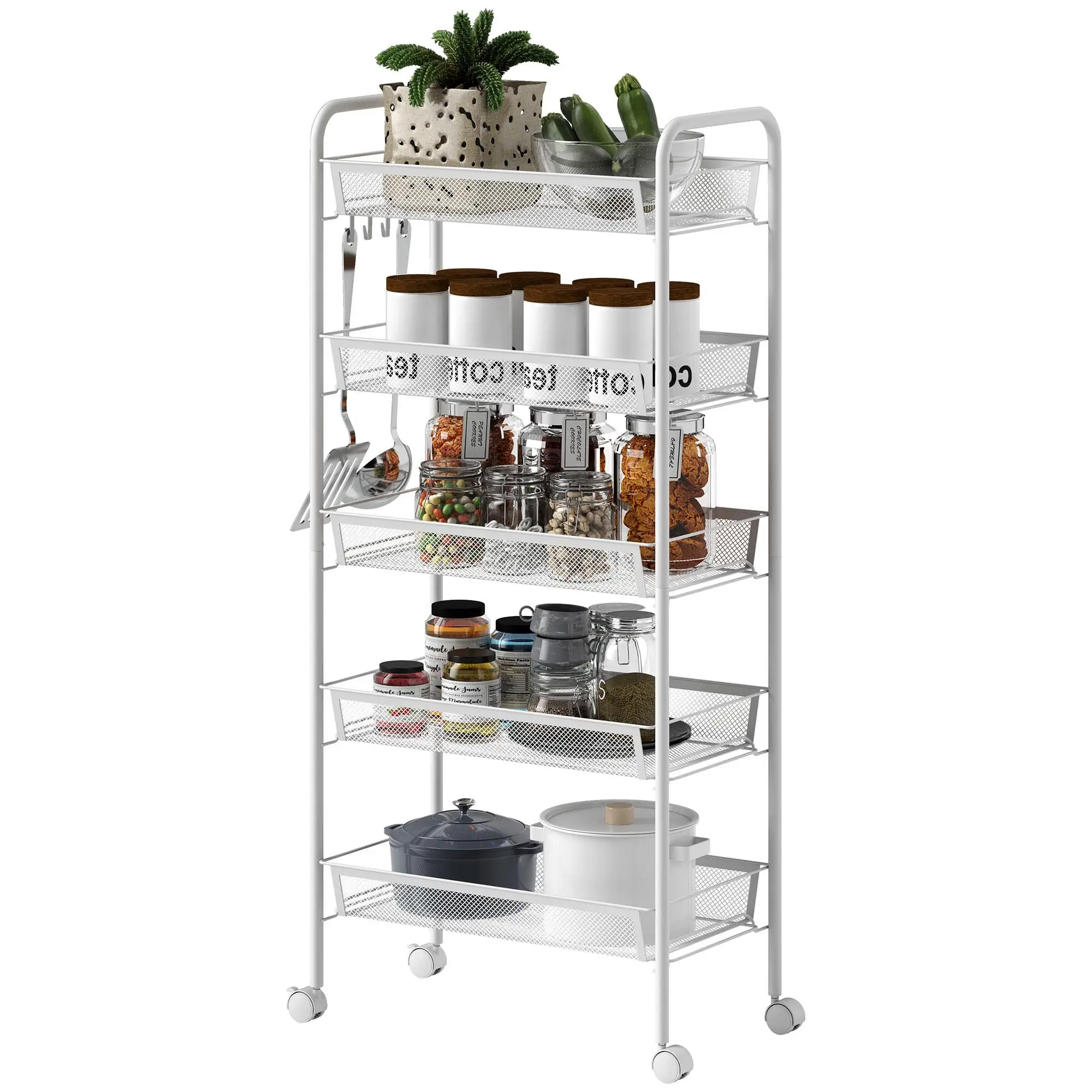 Chariot de rangement en acier inoxydable blanc à 5 niveaux avec roulettes, empilable, pour cuisine, bureau, garage, articles divers