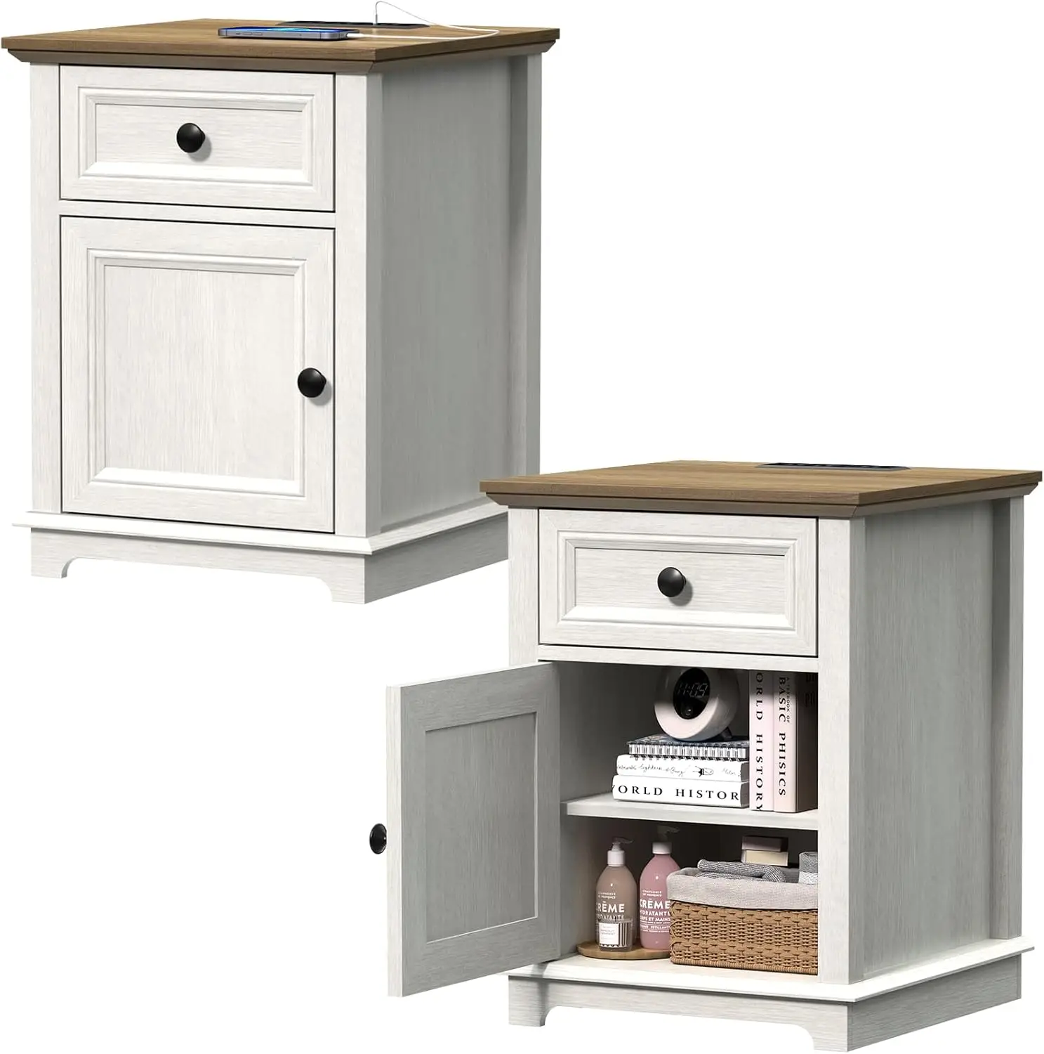 Fast-Charge Set of 2 Side Table with Drawer Storage and Adjustable Shelf Charging Nightstand Set of 2 Wooden Side Table